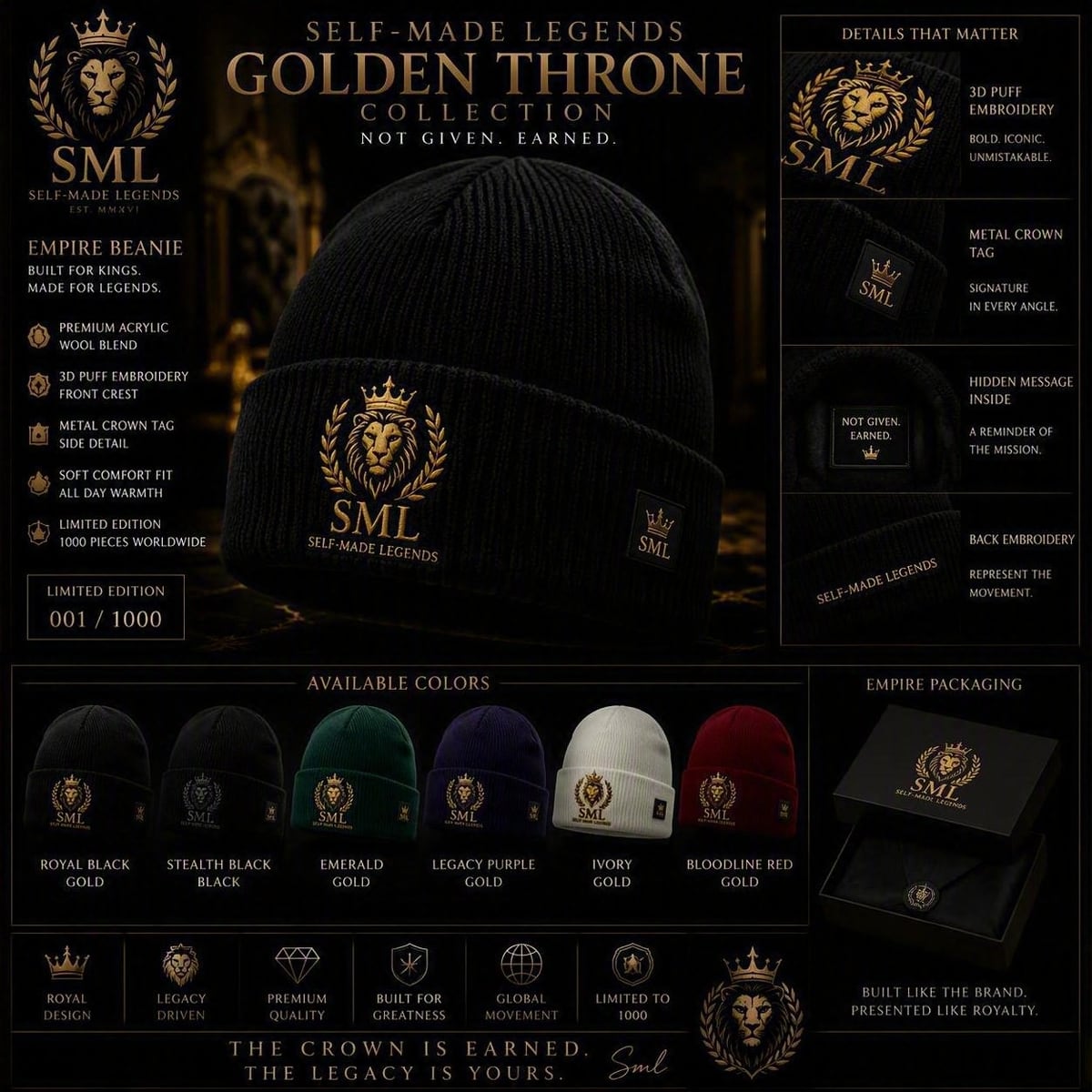 The Empire beanie sheet: a black ribbed beanie with the gold lion crest in puff embroidery, a metal crown tag at the side, shown with six colourways and presentation packaging.
