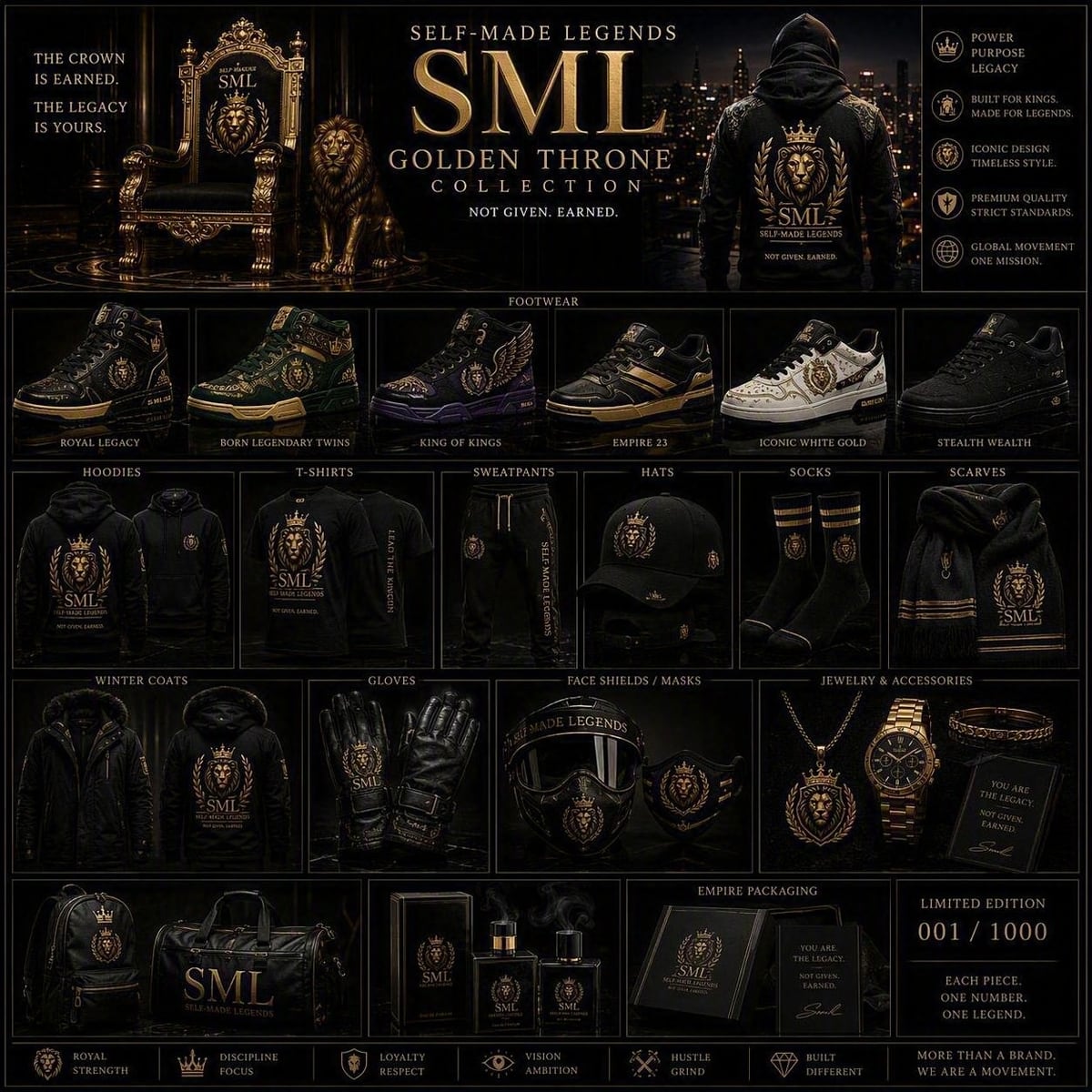 The Golden Throne collection sheet: six footwear styles, hoodies, tees, sweatpants, hats, socks, scarves, winter coats, gloves, face shields, jewellery, bags, fragrance and packaging — all black with the gold lion crest.