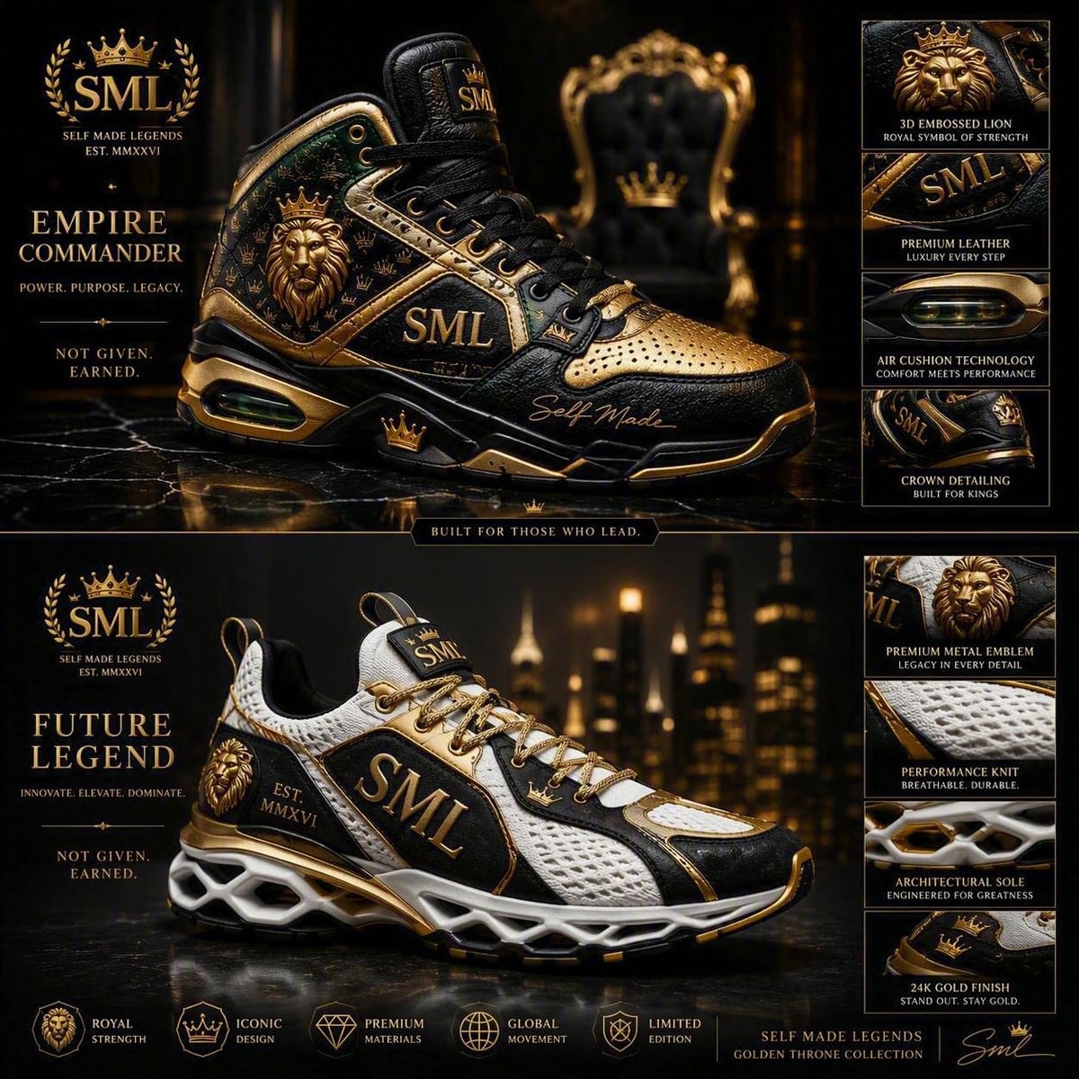 The Empire Commander and Future Legend sheet: a black and gold leather high top with an embossed lion at the ankle, and a white, black and gold performance knit runner on an open architectural sole.