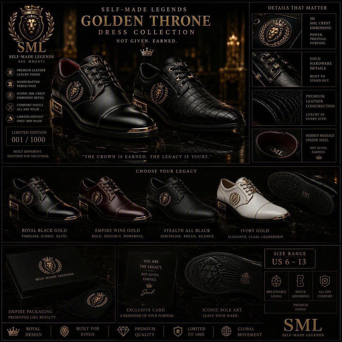 The Golden Throne dress shoe collection sheet: four leather styles with an embossed gold lion crest, gold toe plate, patterned sole and presentation box.