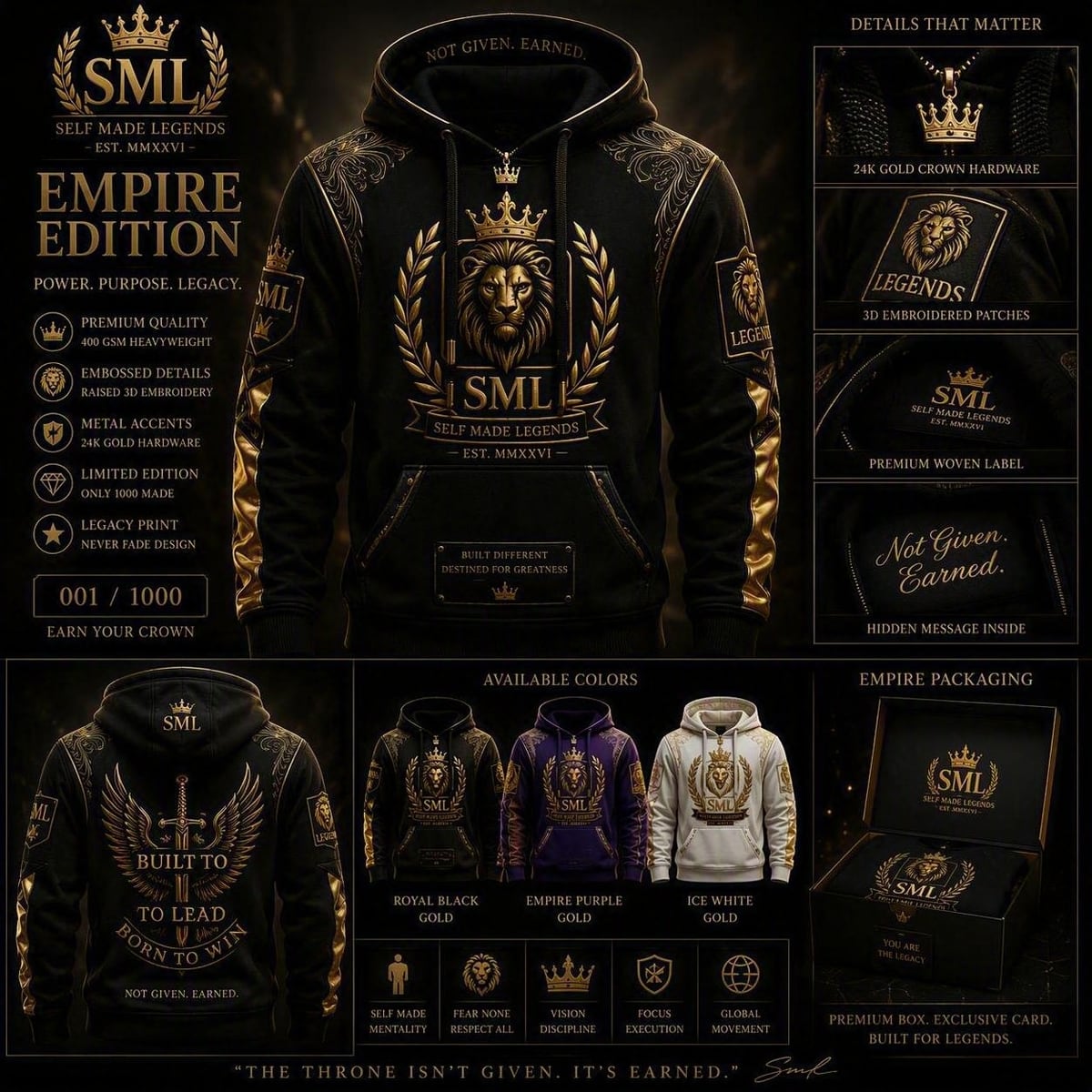 The Empire Edition hoodie sheet: a black heavyweight hoodie with gold sleeves, a large gold crowned lion crest at the chest, embroidered patches, gold crown drawstring hardware, shown front and back in three colourways.