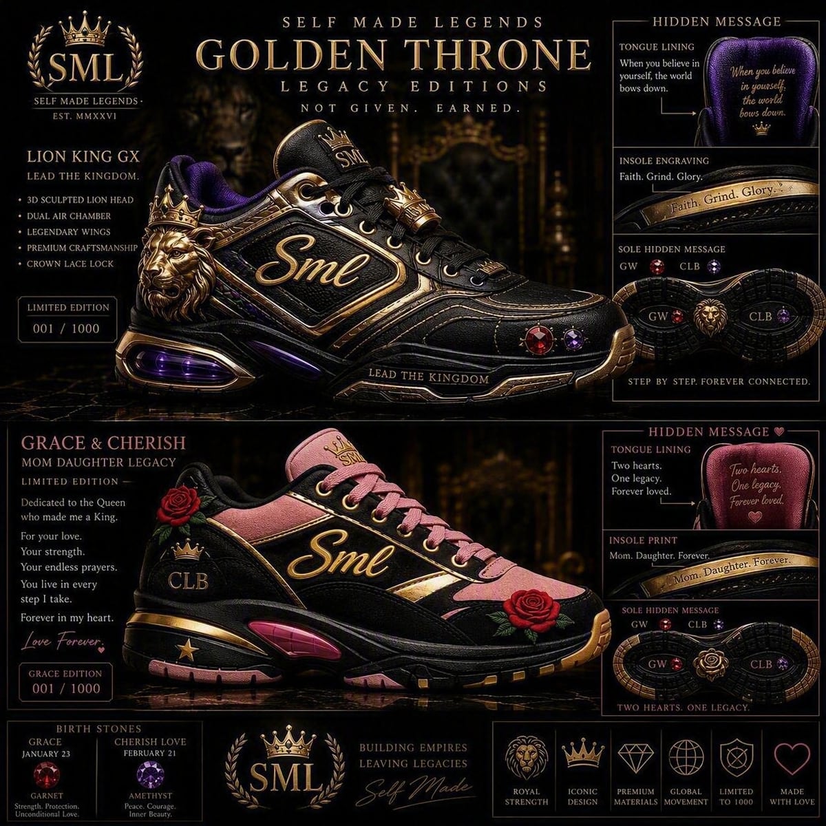 The Golden Throne Legacy Editions sheet: the Lion King GX in black and gold beside the Grace and Cherish Mom Daughter Legacy pair in pink and black with embroidered roses, both showing their tongue linings, insoles and initialled outsoles.