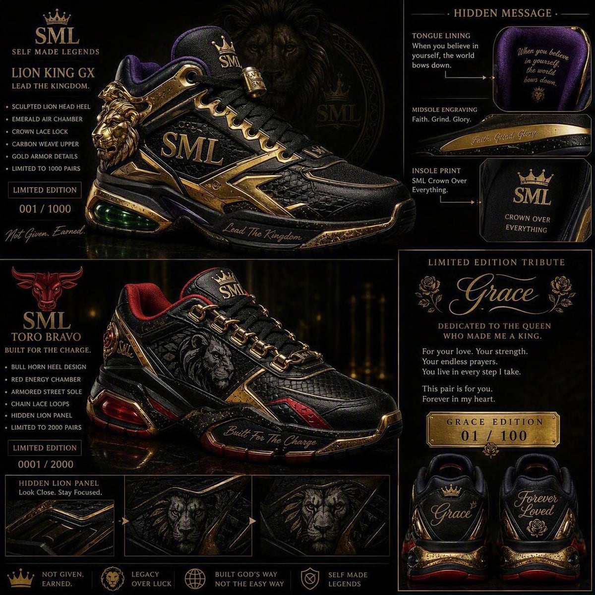 The Lion King GX and Toro Bravo sheet: a black and gold high with a sculpted lion head heel and green air chamber, a black and red low with a bull horn heel and hidden lion panel, and a Grace tribute panel showing both heels.