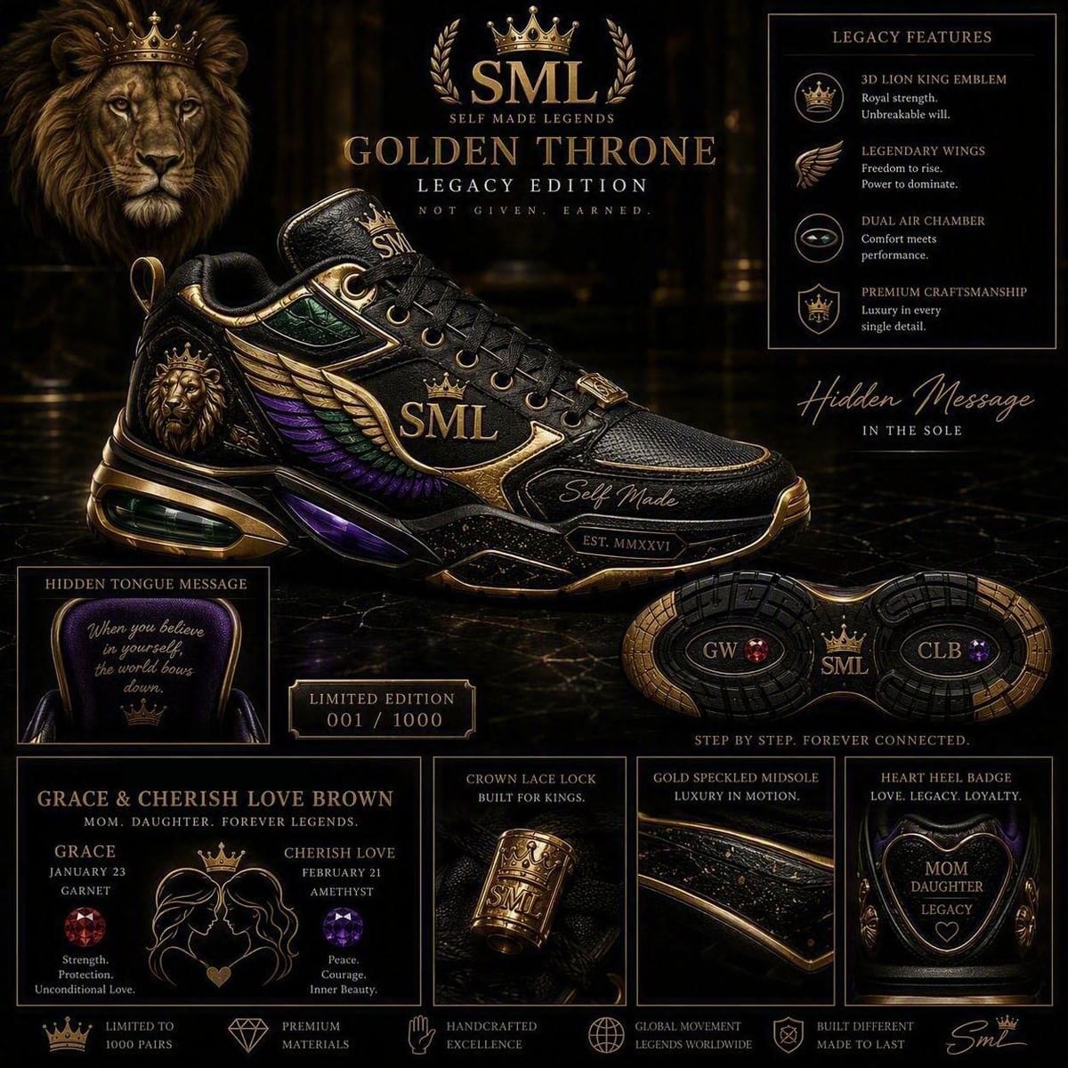 The Golden Throne Legacy Edition sheet: a black and gold trainer with a sculpted lion head, winged side panel and a message in the tongue lining, shown with the outsole carrying the initials GW and CLB either side of the crest, and a panel naming Grace and Cherish Love Brown with their birthstones.
