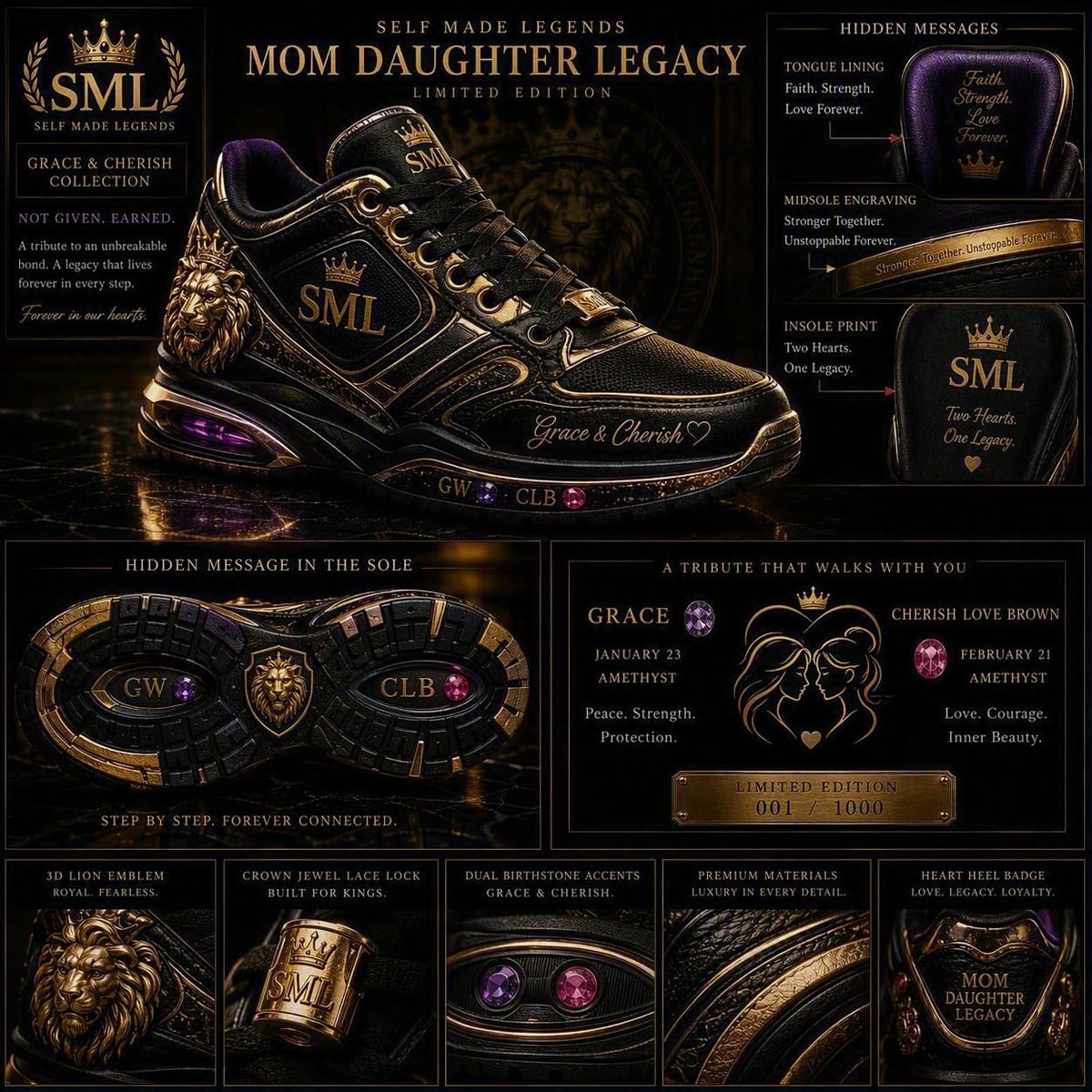 The Mom Daughter Legacy sheet: a black and gold trainer with a sculpted lion head at the heel, Grace and Cherish written at the toe, twin birthstones set into the midsole and the initials GW and CLB moulded into the outsole.