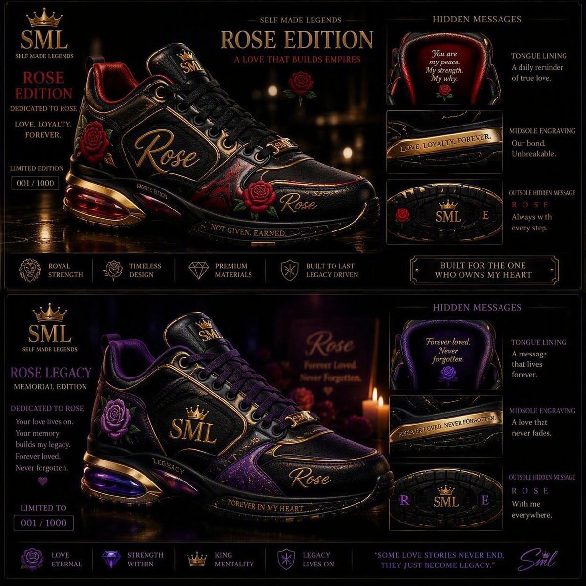 The Rose Edition sheet: two trainers dedicated to Rose — one black with red roses and red detailing, one black and purple with purple roses — each showing the message printed in the tongue lining, engraved along the midsole and moulded into the outsole.