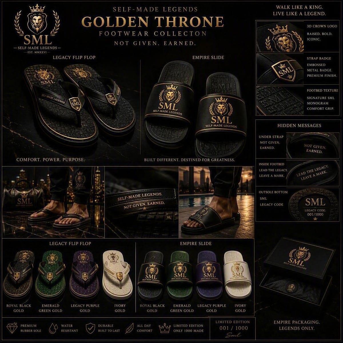The Golden Throne sandal sheet: the Legacy flip flop and the Empire slide in black with the gold lion crest, shown worn, with four colourways and the messages moulded under the strap, in the footbed and on the outsole.