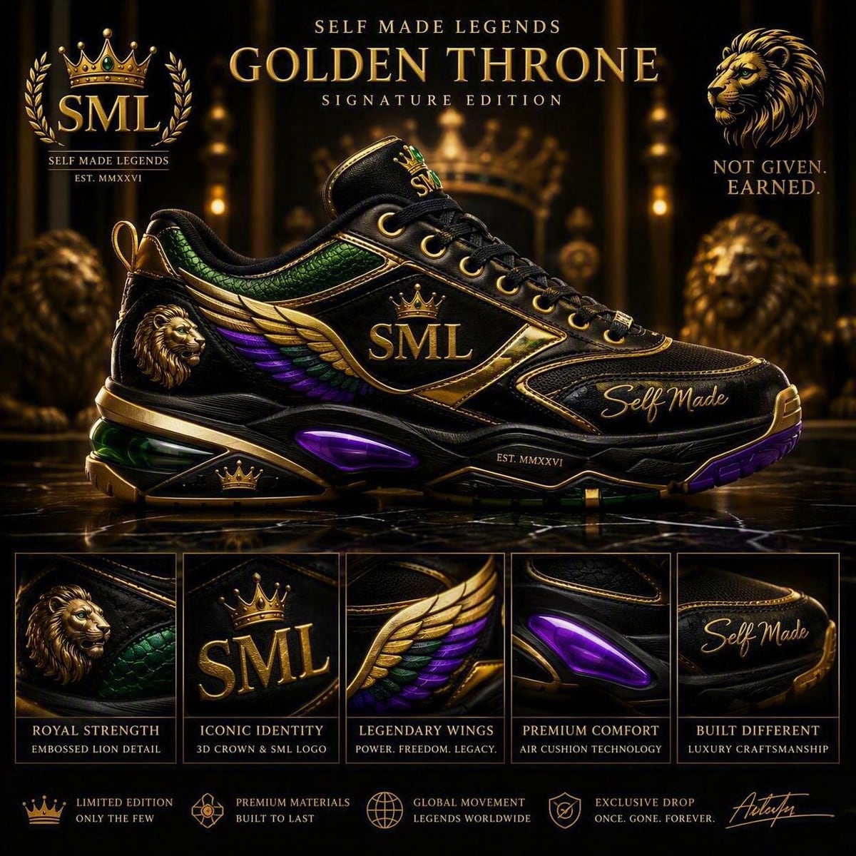 The Signature Edition sheet: a black leather trainer with a gold embossed lion at the heel, a gold, purple and green winged side panel, gold crown detailing and a purple cushioning window in the midsole.