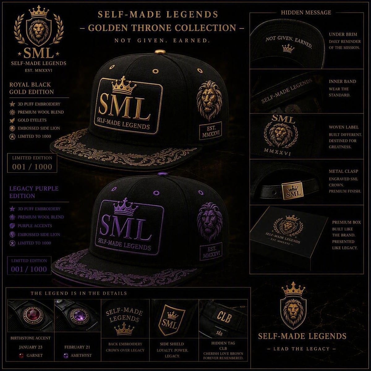 The Golden Throne snapback sheet: two fitted caps in black, one with gold and one with purple embroidery, showing the crest panel, embossed side lion, filigree brim, engraved metal clasp, birthstone accents and the hidden interior tag.