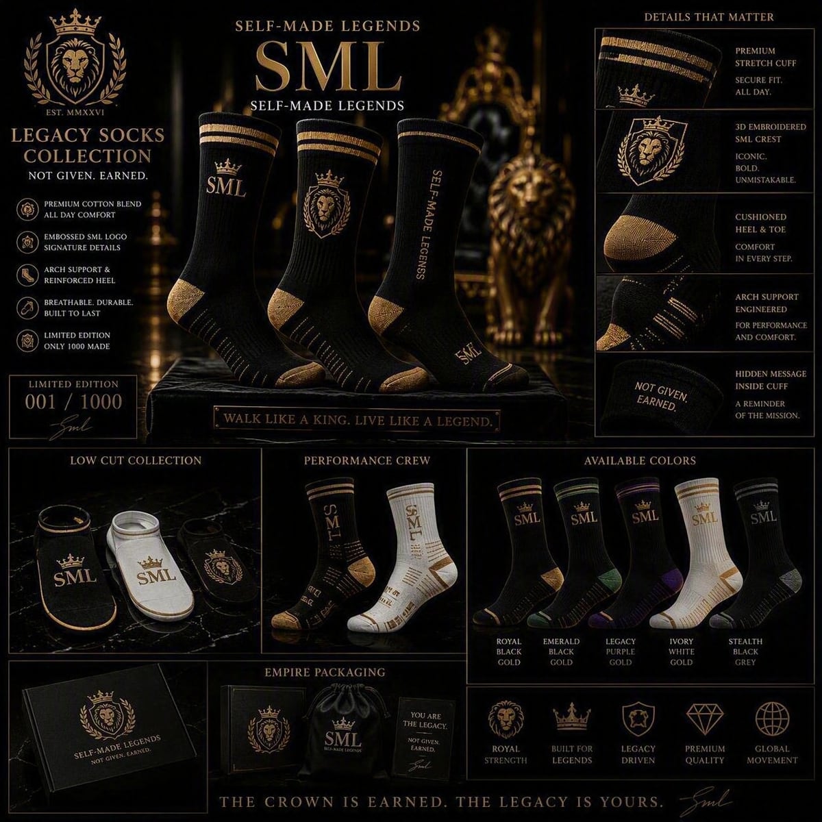 The Legacy socks collection sheet: crew, low cut and performance crew socks in black and gold with the lion crest, shown with five colourways and presentation packaging.