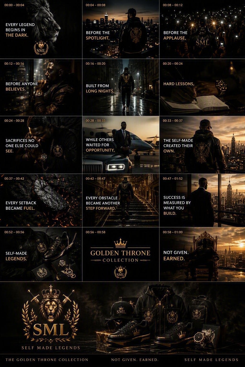 The Golden Throne brand film storyboard: fifteen panels with timecodes running from a lion in the dark at zero seconds, through night streets, work and setbacks, to a throne at sunset and the closing line Not Given. Earned.