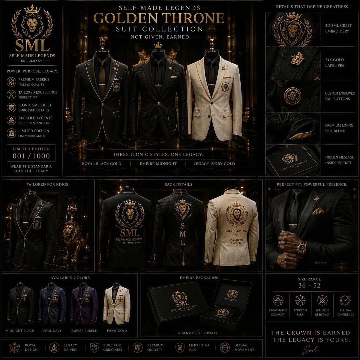 The Golden Throne suit collection sheet: three tailored styles with the gold lion crest, shown front and back, with lapel pin, engraved buttons, silk-blend lining and presentation box.