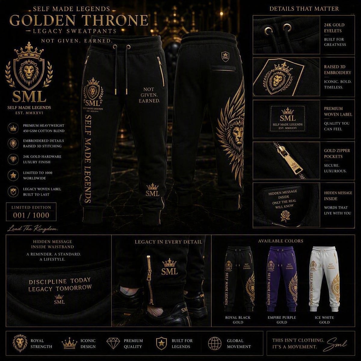 The Legacy sweatpants sheet: black heavyweight joggers with a gold winged lion down one leg, the wordmark down the other, gold zip pockets and eyelets, shown in three colourways with the message inside the waistband.