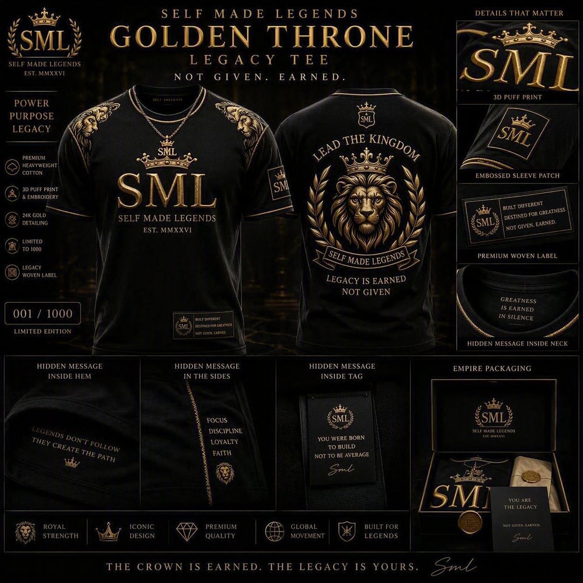 The Legacy tee sheet: a black heavyweight tee with a large gold SML in puff print at the chest, a crowned lion crest across the back, an embossed sleeve patch, and five hidden messages inside the neck, hem, sides and tag.
