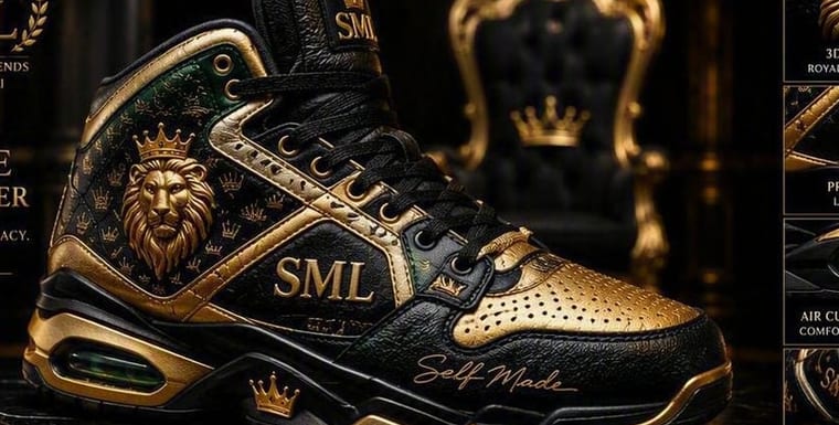 The Empire Commander on the shelf: a black and gold leather high top with an embossed lion at the ankle.