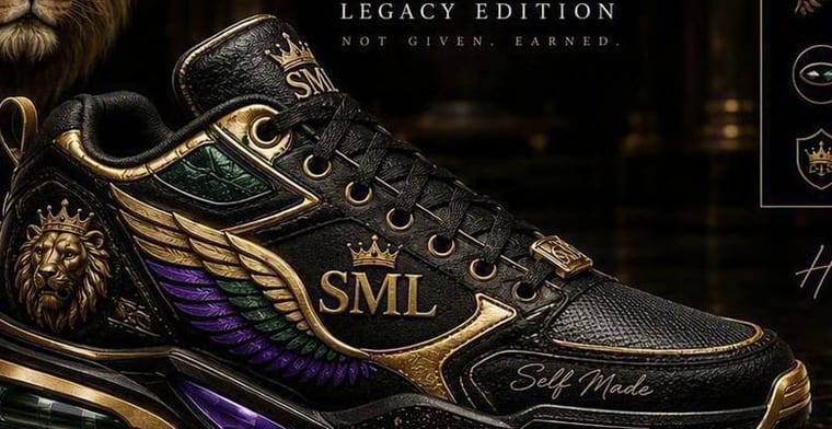 The Legacy Edition on the shelf: black and gold with a winged side panel and the initials in the sole.