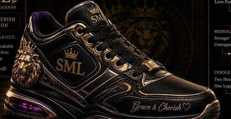 The Grace and Cherish pair on the shelf: black and gold with the two names at the toe.